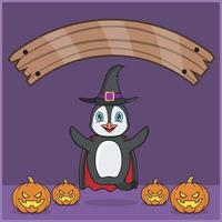 animal mignon de pingouin portant la coutume d'halloween de vampire, avec la bannière d'espace vide, les citrouilles et la position de vol. vecteur