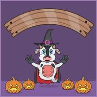 animal de vache mignon vêtu de vampire halloween custome, avec bannière d'espace vide, citrouilles et position de vol. vecteur