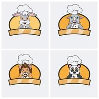 ensemble de chef d'animaux mignons, portant un chapeau et un thème de cuisine. conception de personnage de lapin, de rhinocéros, de lion et de panda, mascotte, étiquette, icône et logo. vecteur