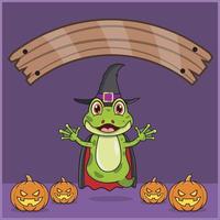 animal grenouille mignon vêtu de vampire halloween custome, avec bannière d'espace vide, citrouilles et position de vol. vecteur