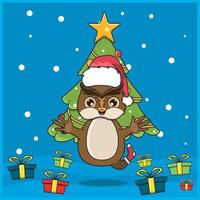 Noël animal mignon avec un personnage de hibou, portant des chaussettes et un chapeau de Noël. fond boisé. parfait pour l'arrière-plan, la carte de voeux, l'étiquette et l'icône. vecteur