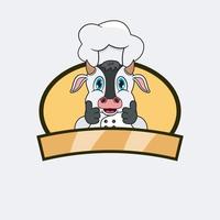 chef de vache mignon et thème de cuisine. mascotte, personnage, logo, étiquette et icône. vecteur