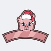 logo de personnage de tête de cochon, icône, filigrane, badge, emblème et étiquette avec chapeau de noël. vecteur