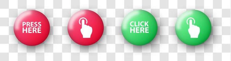 appuyez ici sur le bouton avec un emblème rouge et vert réaliste. cliquez ici collection d'icônes de bouton pour l'interface utilisateur. vecteur