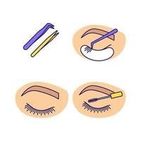 Ensemble d'icônes de couleur d'extension de cils. pince à épiler pointue droite et courbée, oeil de femme fermé, mascara, extension de cils individuelle classique. illustrations vectorielles isolées vecteur