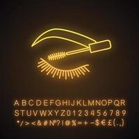 icône de néon de mascara de cils. teinture des cils et des sourcils. produit de maquillage des cils et des sourcils. signe lumineux avec alphabet, chiffres et symboles. illustration vectorielle isolée vecteur