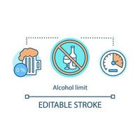 icône de concept de limite d'alcool. abstinence. aucune illustration de ligne mince d'idée d'alcool. signe interdit avec vin, bière sans alcool, compteur de vitesse. dessin de contour isolé de vecteur. trait modifiable vecteur