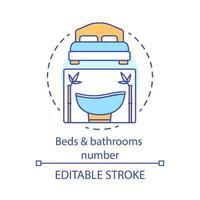 lits et salles de bains numéro concept icône. aménagements du logement, équipements. lit double, baignoire. illustration de la ligne mince de l'idée de quantité de chambre et de toilettes. dessin de contour isolé de vecteur. trait modifiable vecteur