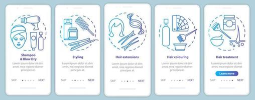services de salon de coiffure bleu intégration du modèle vectoriel d'écran de page d'application mobile. salon de coiffure. Procédure pas à pas du site Web avec des illustrations linéaires. concept d'interface de smartphone ux, ui, gui