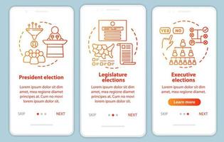 élections d'intégration du modèle vectoriel d'écran de page d'application mobile. président, législature, élections exécutives. Procédure pas à pas du site Web avec des illustrations linéaires. concept d'interface de smartphone ux, ui, gui