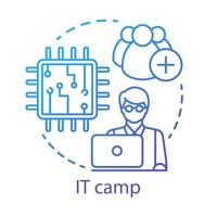 icône de concept de camp de technologie de l'information. emploi, reconnaissance pour les jeunes professionnels idée illustration fine ligne. présenter de nouvelles inventions. dessin de contour isolé de vecteur. trait modifiable vecteur