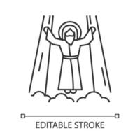 ascension de l'icône linéaire de jésus christ. le messie, le fils de dieu s'élevant sur un nuage dans la lumière. sauveur au ciel. illustration de la ligne mince. symbole de contour. dessin de contour isolé de vecteur. trait modifiable vecteur