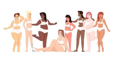 femmes vêtues de maillots de bain deux pièces illustration vectorielle plane. corps positif et féminisme. figurine taille plus. dames souriantes de différentes nationalités personnage de dessin animé isolé sur fond blanc vecteur