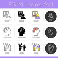 ensemble d'icônes de troubles mentaux. illusion et schizophrénie. trouble de la personnalité bipolaire. psychologie et psychiatrie. design plat, styles linéaires, noirs et couleurs. illustrations vectorielles isolées vecteur