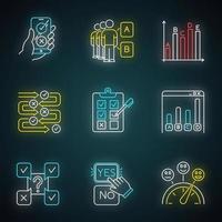 ensemble d'icônes de néon d'enquête. sondage en ligne. choisissez l'option. sélectionnez la réponse. approuver, désapprouver. opinion sociale. sondage de masse. examen écrit. infographie de statistiques. signes lumineux. illustrations vectorielles isolées vecteur