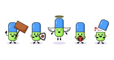 ensemble de conception de mascotte de santé de pilules de capsule mignonne vecteur