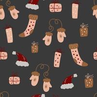 modèle sans couture de vêtements d'hiver. mitaines, écharpe, chaussettes, chapeau et cadeaux. joyeux Noel et bonne année. texture vectorielle pour l'emballage des vêtements de papier peint en tissu textile. vecteur