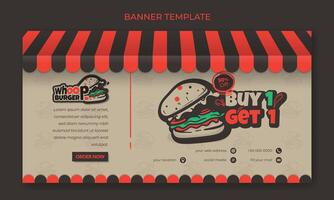 bannière modèle avec classique canopée dans crème Contexte et béant Burger dans dessin animé conception pour vite nourriture La publicité vecteur