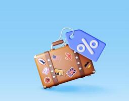 3d valise avec bleu prix étiquette isolé. rendre Voyage sac avec coupon ou bon avec pour cent symbole. Voyage vente ou tour rabais. vacances ou vacances. transport concept. vecteur