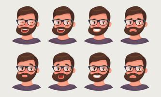 Homme d&#39;affaires mignon hipster montrant différentes émotions. Un emoji employé de bureau barbu.