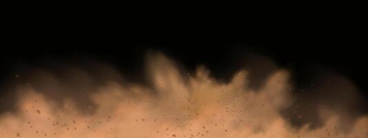 Contexte de une le sable explosion avec saleté et nuage fumée. marron tempête de sable éclaboussure et sale sol avec une texturé vent effet.jaune en volant particules et pierre. vecteur