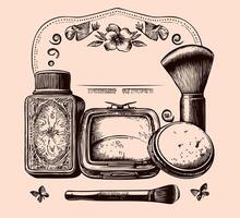 produits de beauté ensemble ancien rétro esquisser main tiré dans griffonnage style illustration vecteur