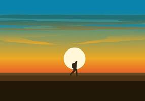voyageur en marchant seul dans le coucher du soleil vecteur