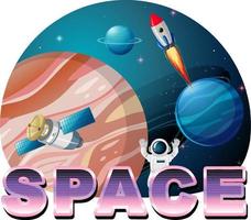 création de logo de mot espace avec astronaute et satellite vecteur