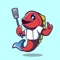 chef poisson mascotte dessin animé pouvez être utilisé comme mascotte ou partie de logo. mer nourriture logo conception. vecteur