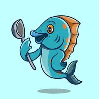 chef poisson mascotte dessin animé pouvez être utilisé comme mascotte ou partie de logo. mer nourriture logo conception. vecteur