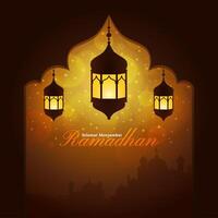 Ramadan mubarak écrit dans arabe calligraphie, le long de avec une d'or arabe traditionnel lanterne, croissant, et étoiles pendaison décorativement vecteur