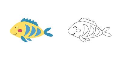 coloration livre de bonne humeur tropical Jaune poisson avec bleu rayures. dessin animé illustration pour enfants coloration livres, contour et exemple dans couleur. vecteur