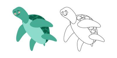 coloration livre mignonne vert mer tortue, mer animal. dessin animé illustration pour enfants coloration livres, contour et exemple dans couleur. vecteur