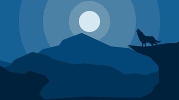 plat paysage illustration de une Loup hurlement à falaise dans le nuit vecteur