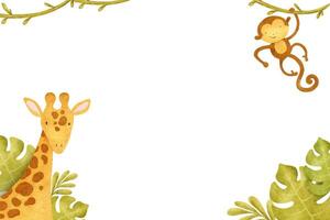 Cadre de mignonne bébé girafe, singe et tropical feuilles. marrant des gamins isolé main tiré aquarelle Contexte. une conception pour enfants invitation cartes, bébé douche, décoration de des gamins pièces vecteur