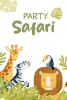 africain jungles animaux lion, zèbre, girafe, toucan et tropical feuilles. marrant des gamins isolé main tiré aquarelle illustration. safari faire la fête. conception pour bébé douche, pièces, affiches, cartes vecteur