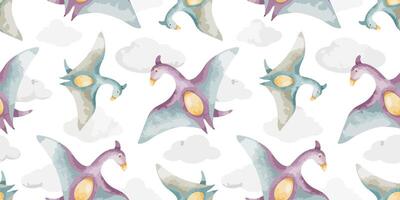 mignonne dinosaure en volant dans des nuages. main tiré aquarelle sans couture modèle de dinosaure. des gamins Contexte de ptérodactyle pour enfants invitation cartes, bébé douche, décoration de des gamins pièces vecteur