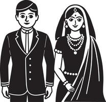 Indien la mariée et jeune marié dans traditionnel mariage vêtements. noir et blanc illustration. vecteur