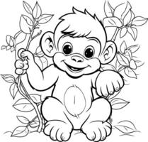 coloration livre pour les enfants bébé singe avec une branche de fleurs vecteur
