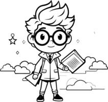 noir et blanc dessin animé illustration de mignonne garçon étudiant personnage pour coloration livre vecteur