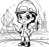 noir et blanc dessin animé illustration de peu garçon construction ouvrier ou ingénieur personnage pour coloration livre vecteur