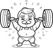 noir et blanc dessin animé illustration de graisse homme levage haltère pour coloration livre vecteur