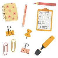 école Provisions et articles, papeterie bloc-notes, crayon, stylo, papier clips, marqueur, apprentissage lieu de travail accessoires, retour à école vecteur