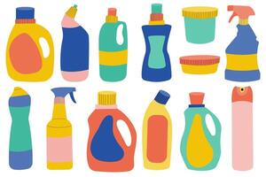 ensemble de coloré bouteilles nettoyage agent. chimique détergent pour nettoyage et désinfection. vecteur
