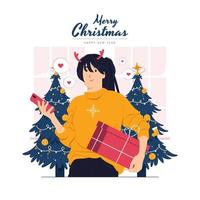 une fille tenant un cadeau, présente célébrer noël nouvel an concept illustration vecteur