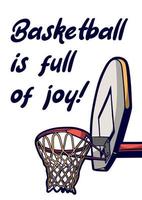 le ballon de basket est plein de joie cite des mots de slogan avec une illustration vintage du panier de basket vecteur
