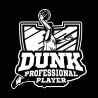 joueur professionnel de dunk en signe ou badge moderne pour votre équipe de basket-ball en noir et blanc vecteur