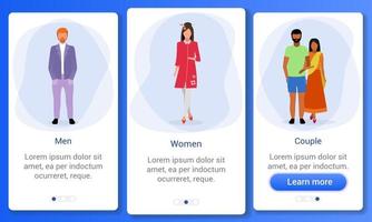 modèle d'écran d'application mobile d'intégration de la population adulte. rapport hommes-femmes. indiens, irlandais, japonais multinationaux hommes, femmes, couples. étapes du site Web avec des caractères plats. ux, ui, interface graphique pour smartphone vecteur