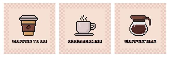 café pixel art affiche ensemble, années 80, Années 90 arcade Jeu style, café tasse, tasse, pot, carte postale, nostalgie, latté, cappuccino, Expresso, illustration vecteur