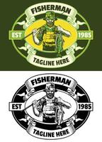 pêcheur avec basse poisson badge logo conception vecteur